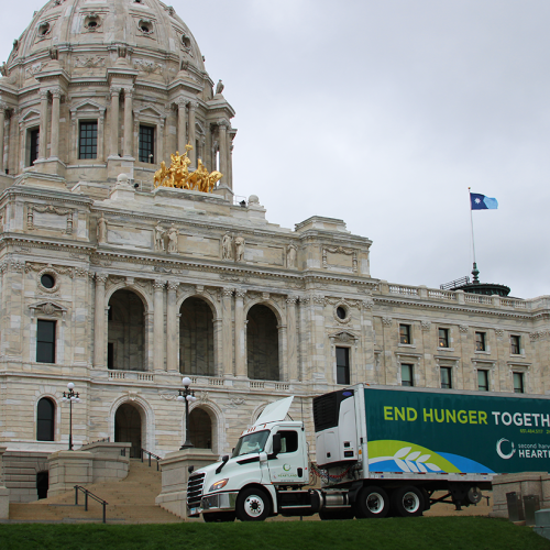 Pack the Capitol 2025 A Second Harvest Heartland semi truck in front of the Minnesota State Capitol building