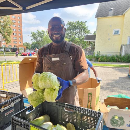 A volunteer holding cabbage