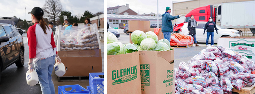 volunteers handing out food at outside distributions