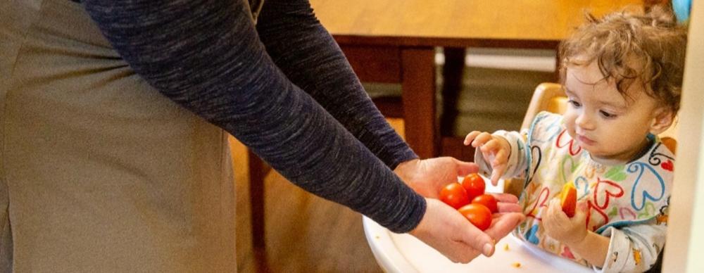 Toddler being handed tomatoes in a high chair