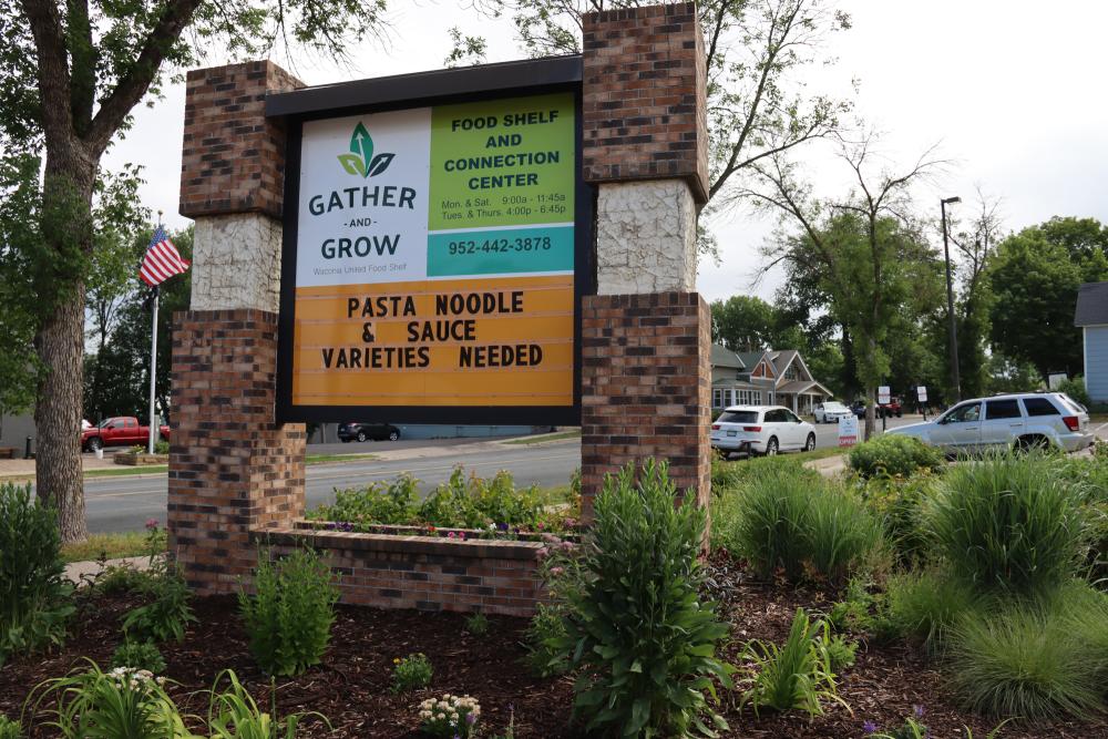 Signage out front of Gather and Grow Waconia United Food Shelf