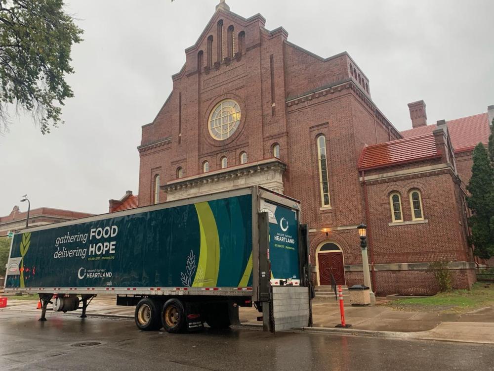 A Second Harvest Heartland Trailer outside of a church