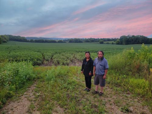 Kia Chang and Lue Lor standing in front of their crop field